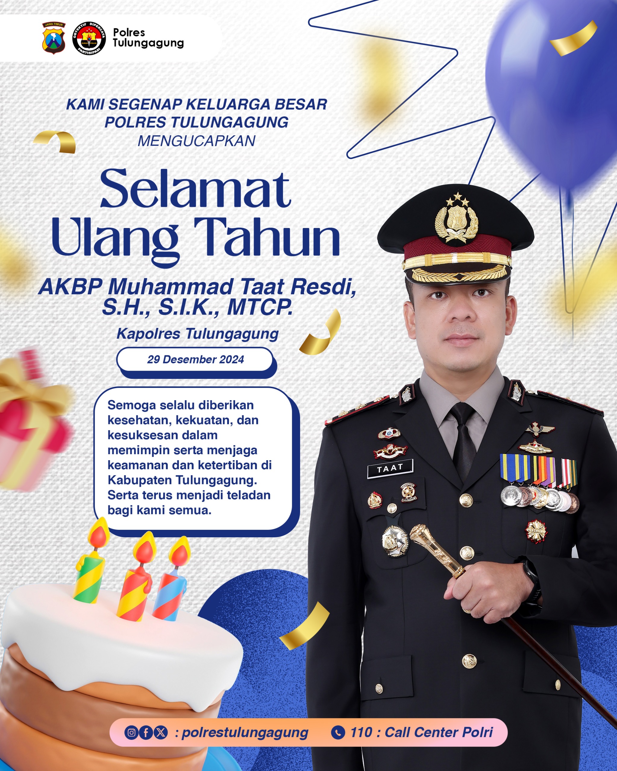 Segenap jajaran redaksi dan karyawan PT Memo Media Cendekia Mengucapkan Selamat Ultah Ke 40 untuk Kapolres Tulungagung AKBP Muhammad That Resdi