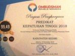 Ombudsman RI Beri Penghargaan Kepatuhan Tinggi untuk Pemerintah Kabupaten Kediri